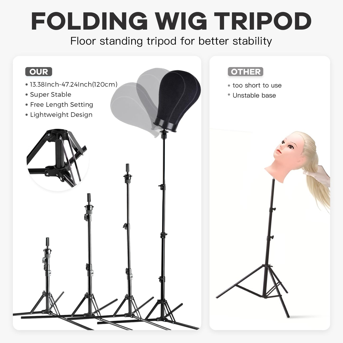 Wig Stand Tripod with Mannequin Head for Wigs