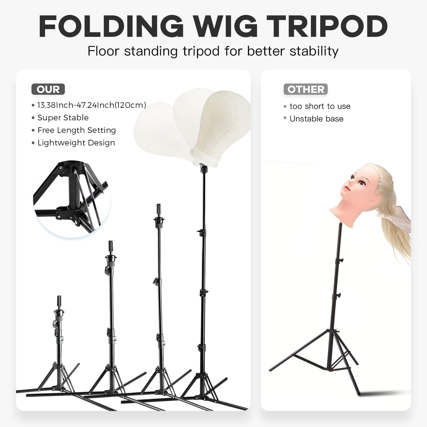 Wig Stand Tripod with Mannequin Head for Wigs