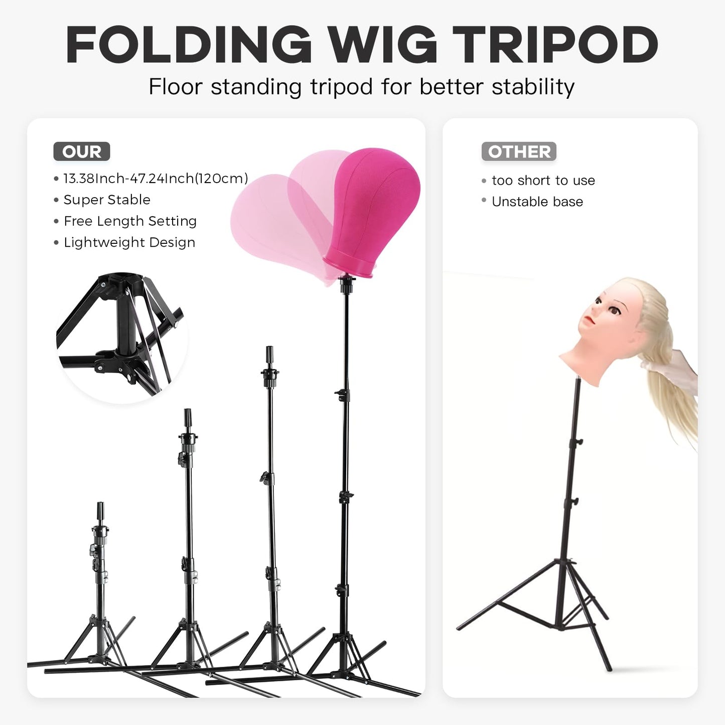 Wig Stand Tripod with Mannequin Head for Wigs