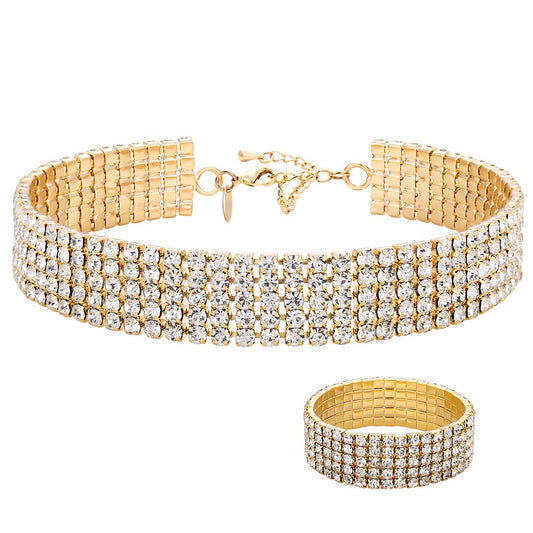 1-5 Rows Rhinestone Choker Necklace & Stretch Bracelets