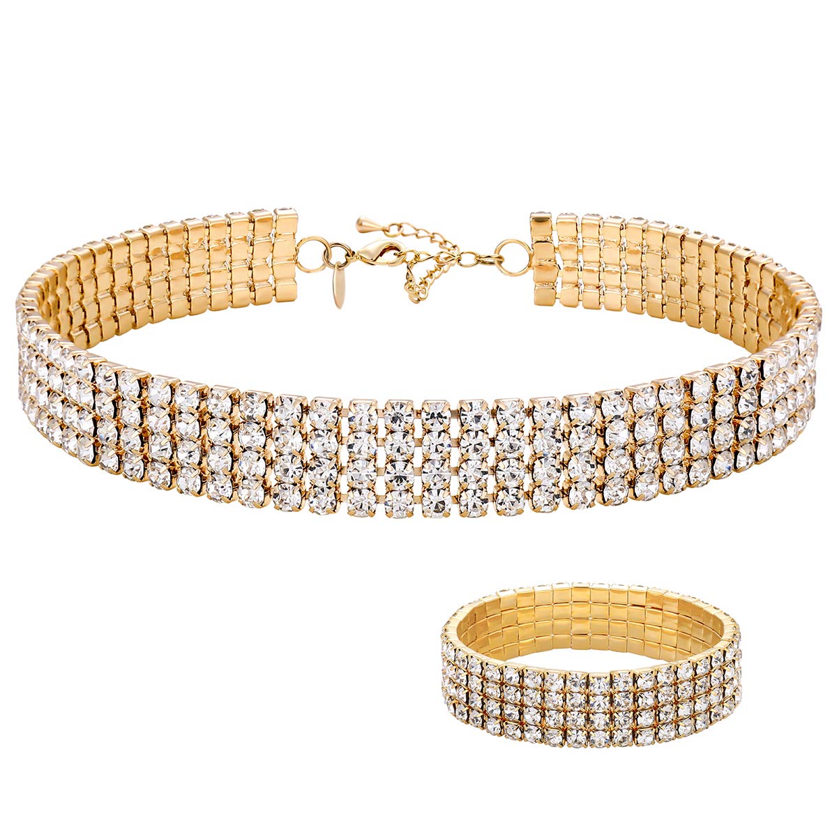 1-5 Rows Rhinestone Choker Necklace & Stretch Bracelets