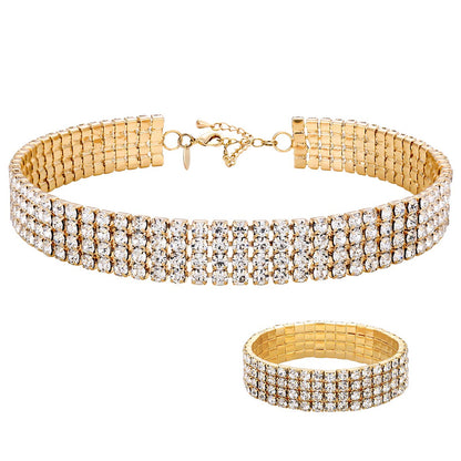 1-5 Rows Rhinestone Choker Necklace & Stretch Bracelets