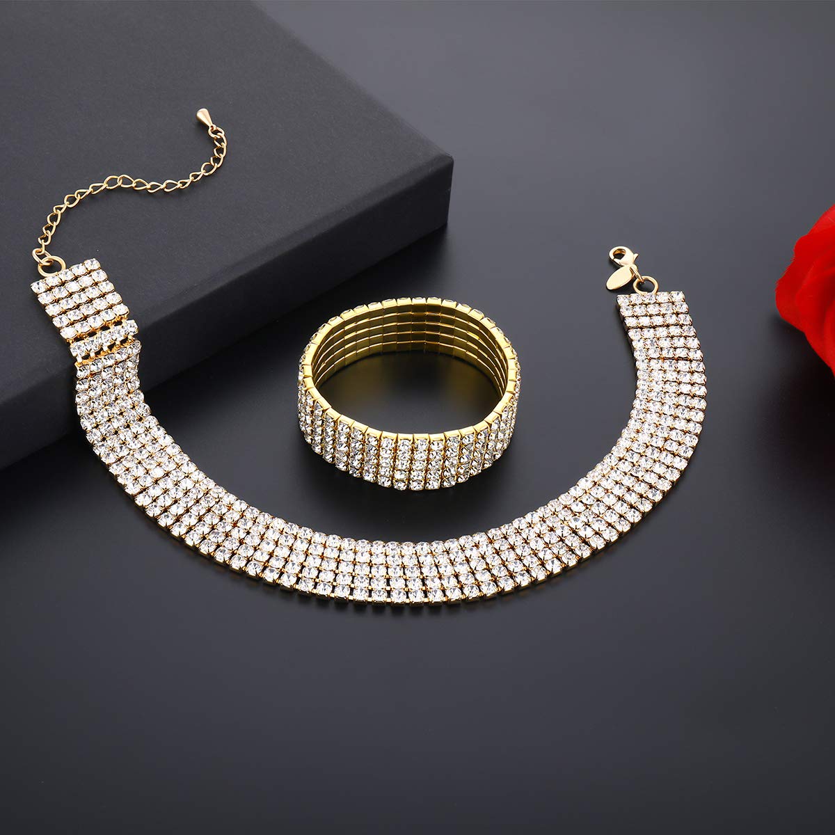 1-5 Rows Rhinestone Choker Necklace & Stretch Bracelets